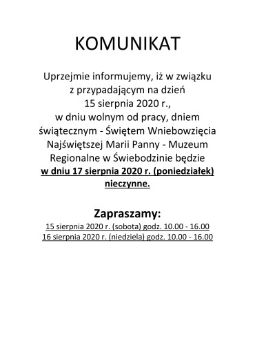 Komunikat - 17.08.2020 (poniedziałek) muzeum nieczynne 